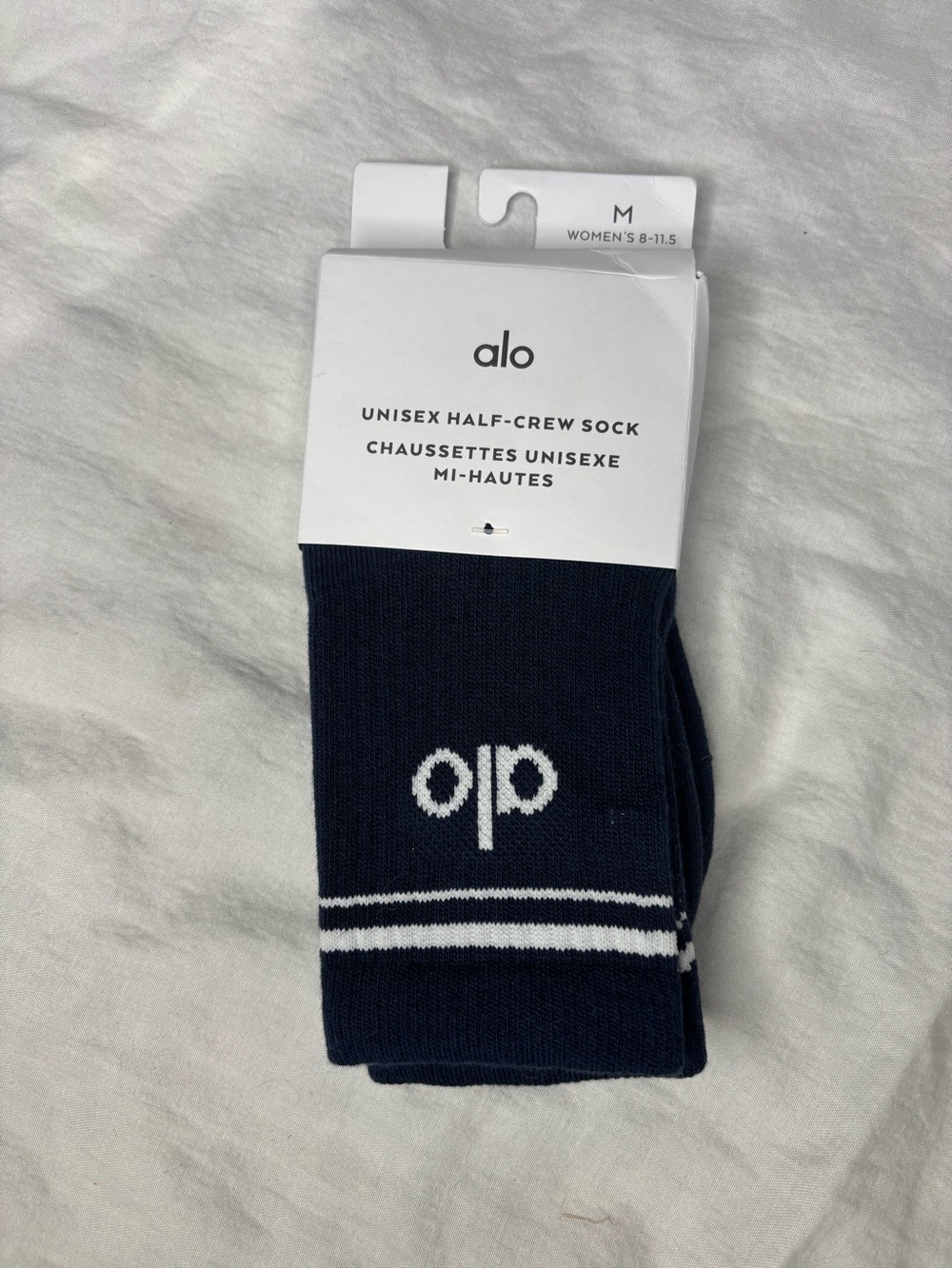Alo Yoga Unisex Half-Crew Socks Navy White Logo Athletic Ribbed Size M